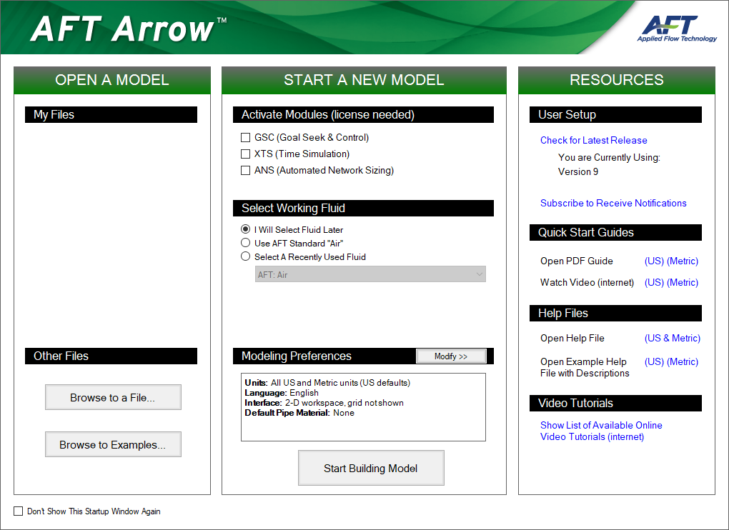 The Startup Window in AFT Arrow.